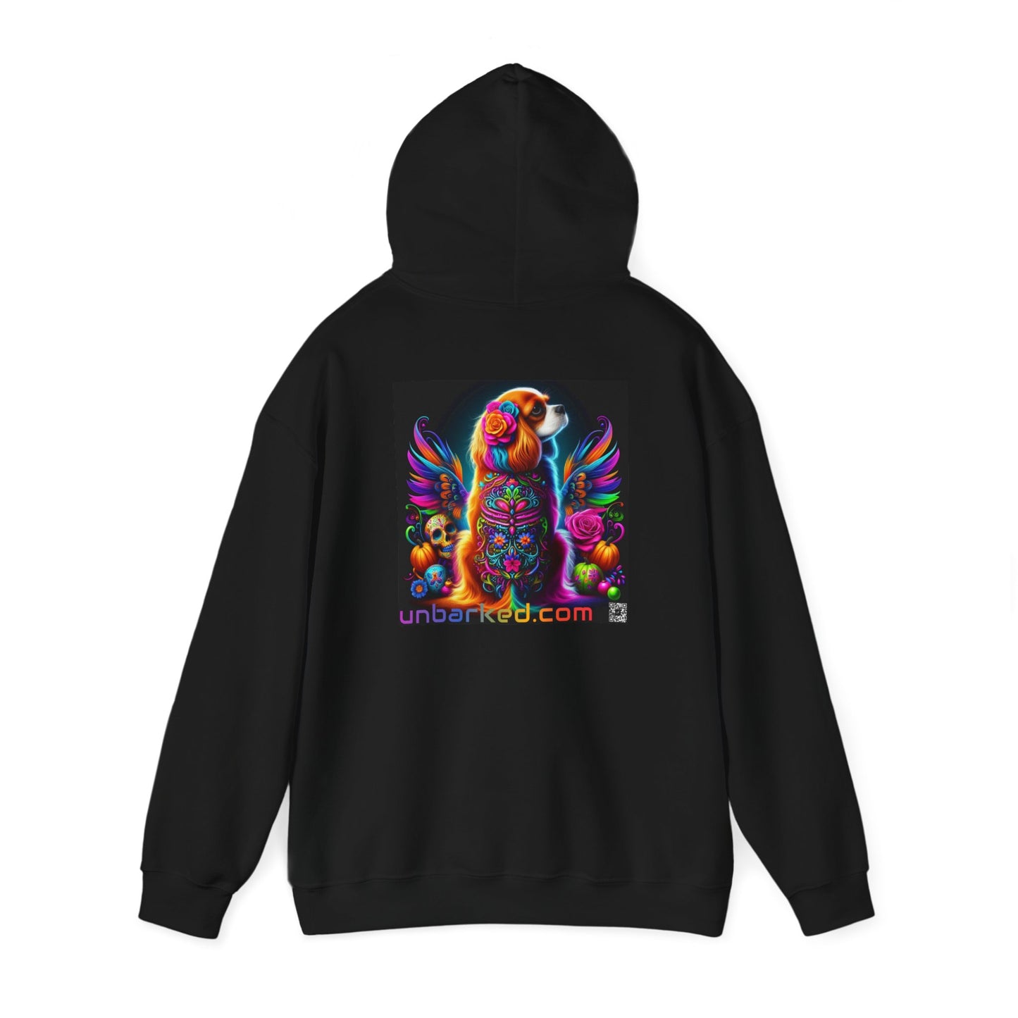 Unisex Heavy Blend™ Hooded Sweatshirt UNBARKED! Halloween Collection - Cavalier King Charles Spaniel Dog Vibrant Día de Muertos Tattoo