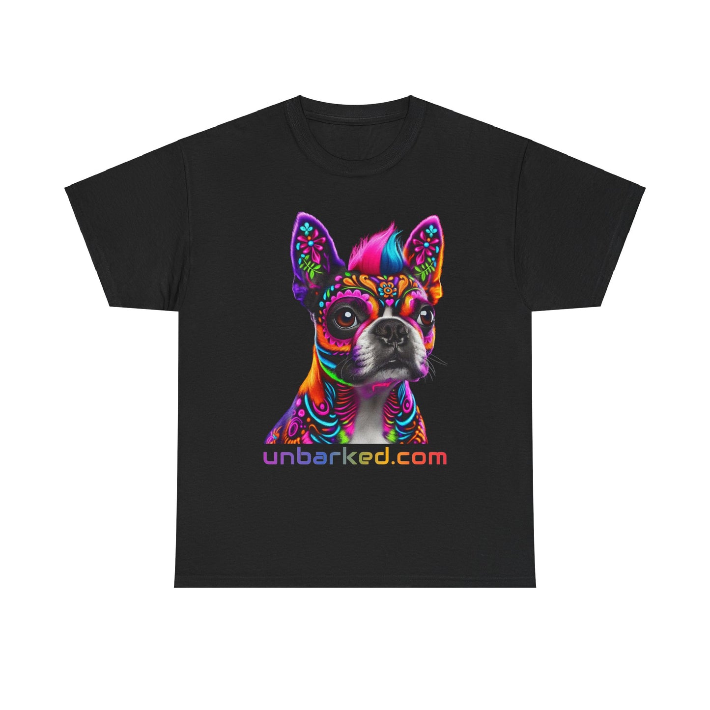 UNBARKED! Halloween Collection - Boston Terrier Dog Vibrant Día de Muertos Tattoo Unisex Heavy Cotton Tee