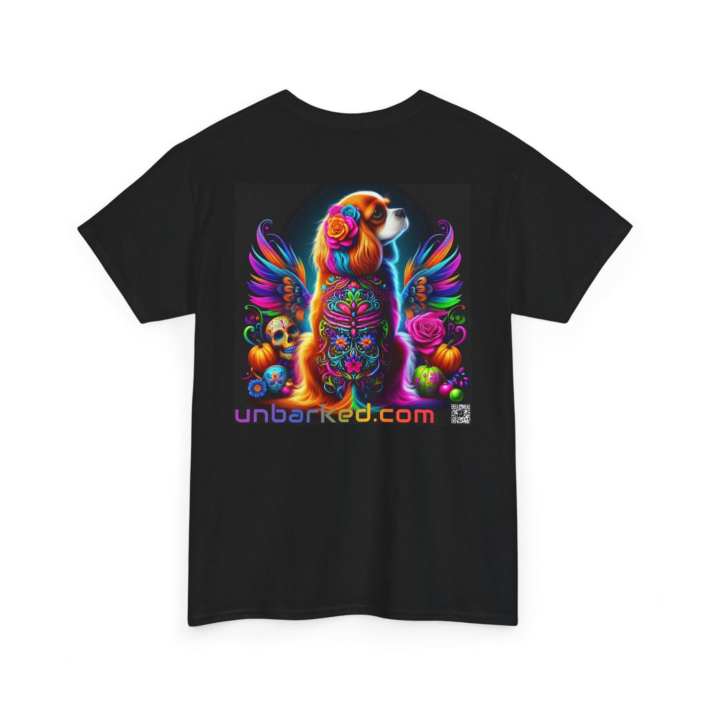 UNBARKED! Halloween Collection - Cavalier King Charles Spaniel Dog Vibrant Día de Muertos Tattoo Unisex Heavy Cotton Tee
