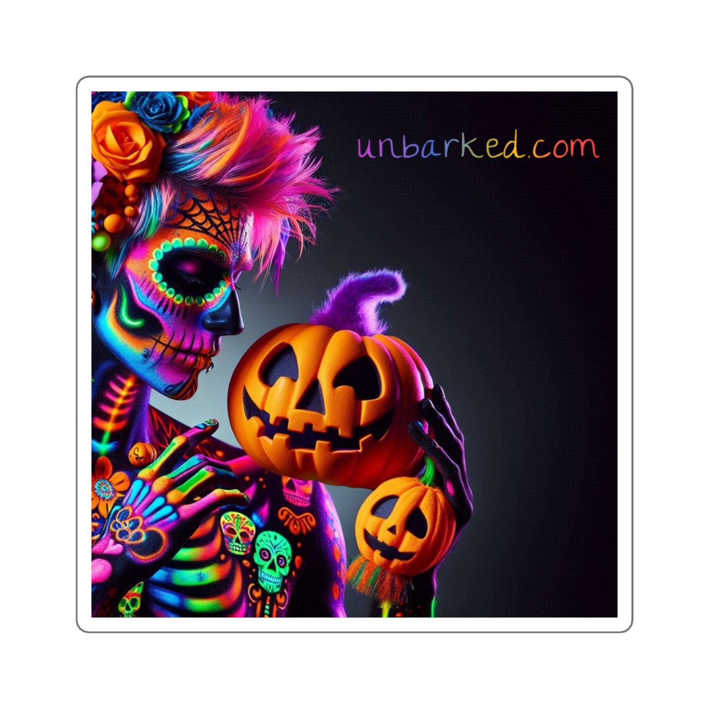 3x3" Square Sticker UNBARKED! Halloween Collection - Sexy II Vibrant Día de Muertos Tattoo