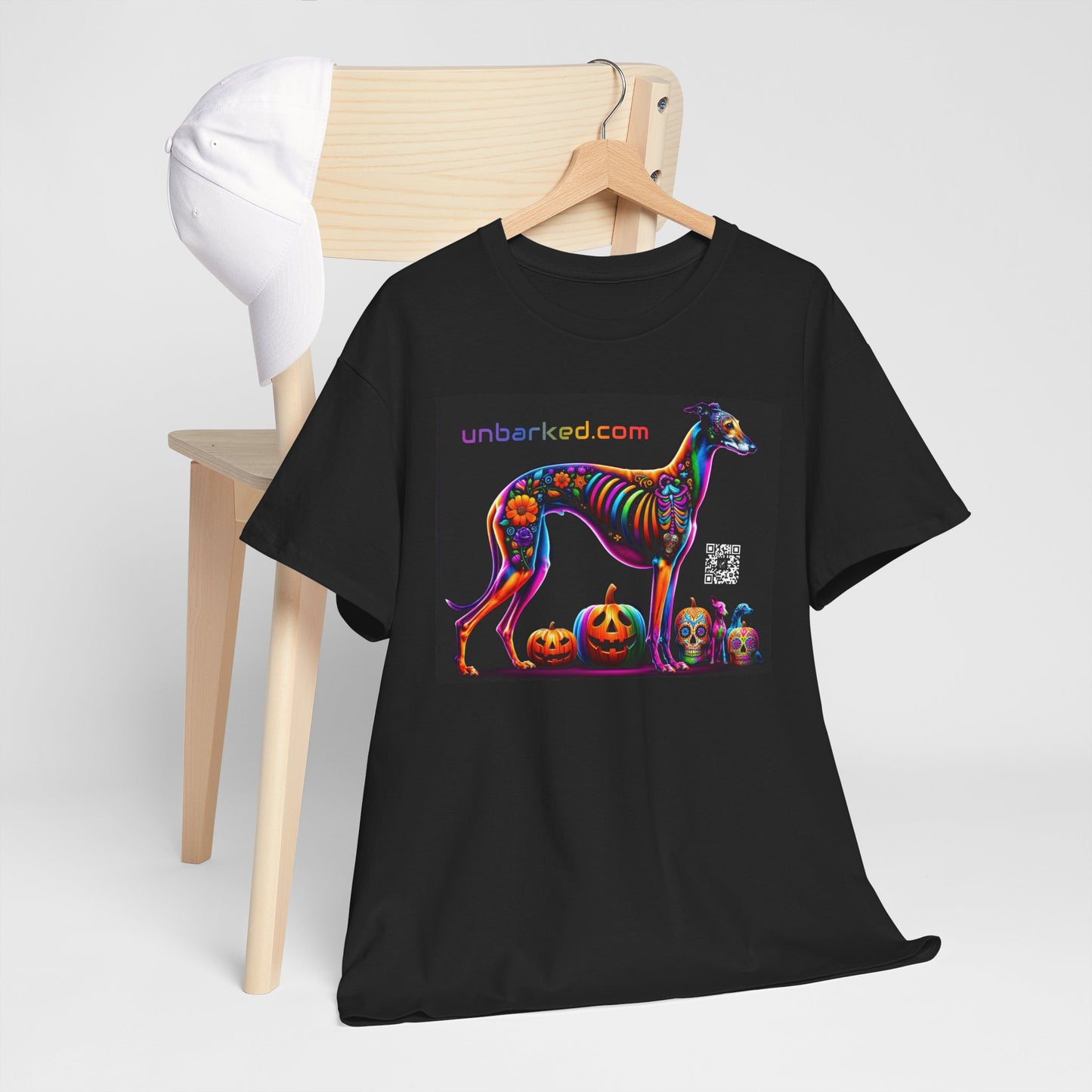 UNBARKED! Halloween Collection - Galgo Greyhound Dog Vibrant Día de Muertos Tattoo Unisex Heavy Cotton Tee