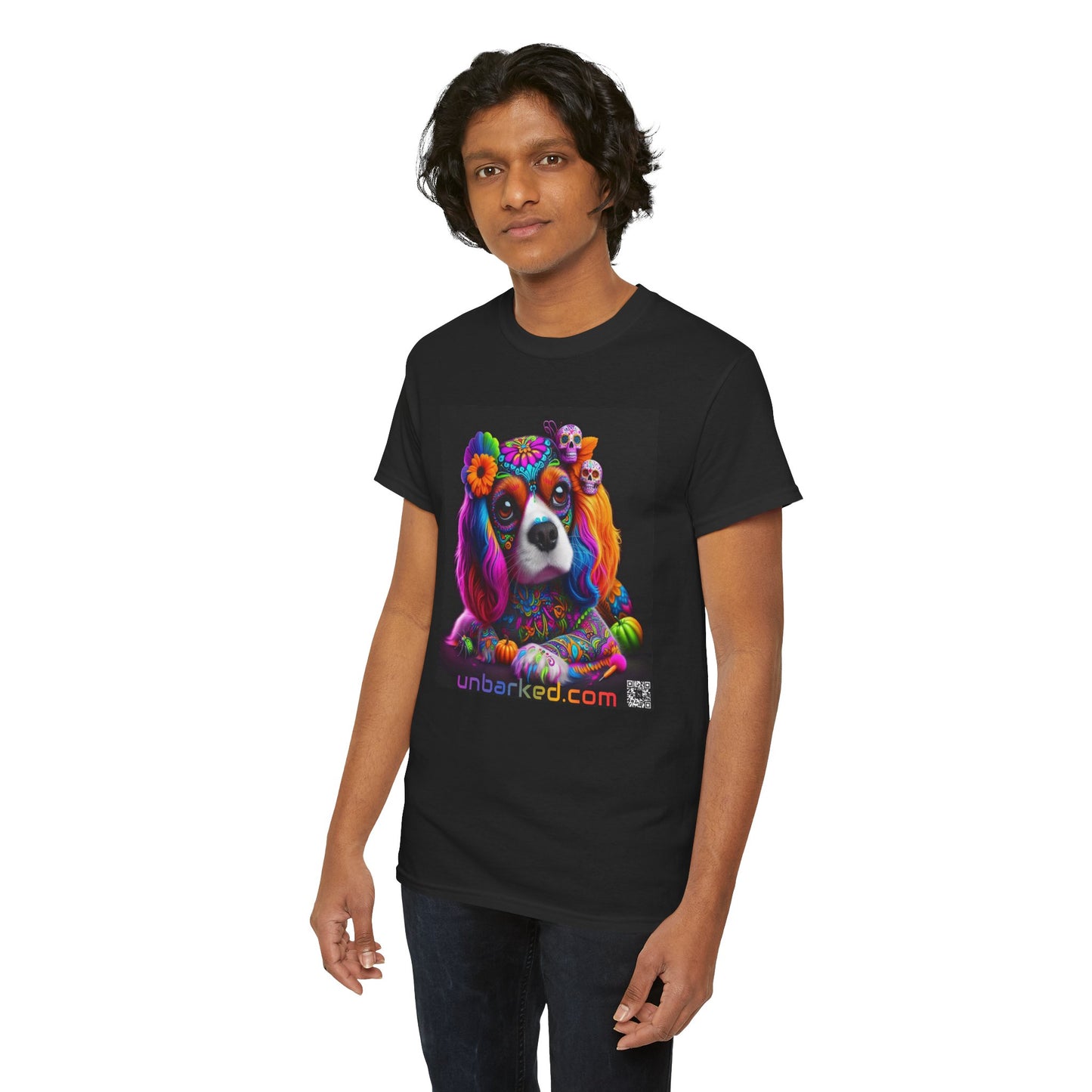 UNBARKED! Halloween Collection - Cavalier King Charles Spaniel Dog Vibrant Día de Muertos Tattoo Unisex Heavy Cotton Tee