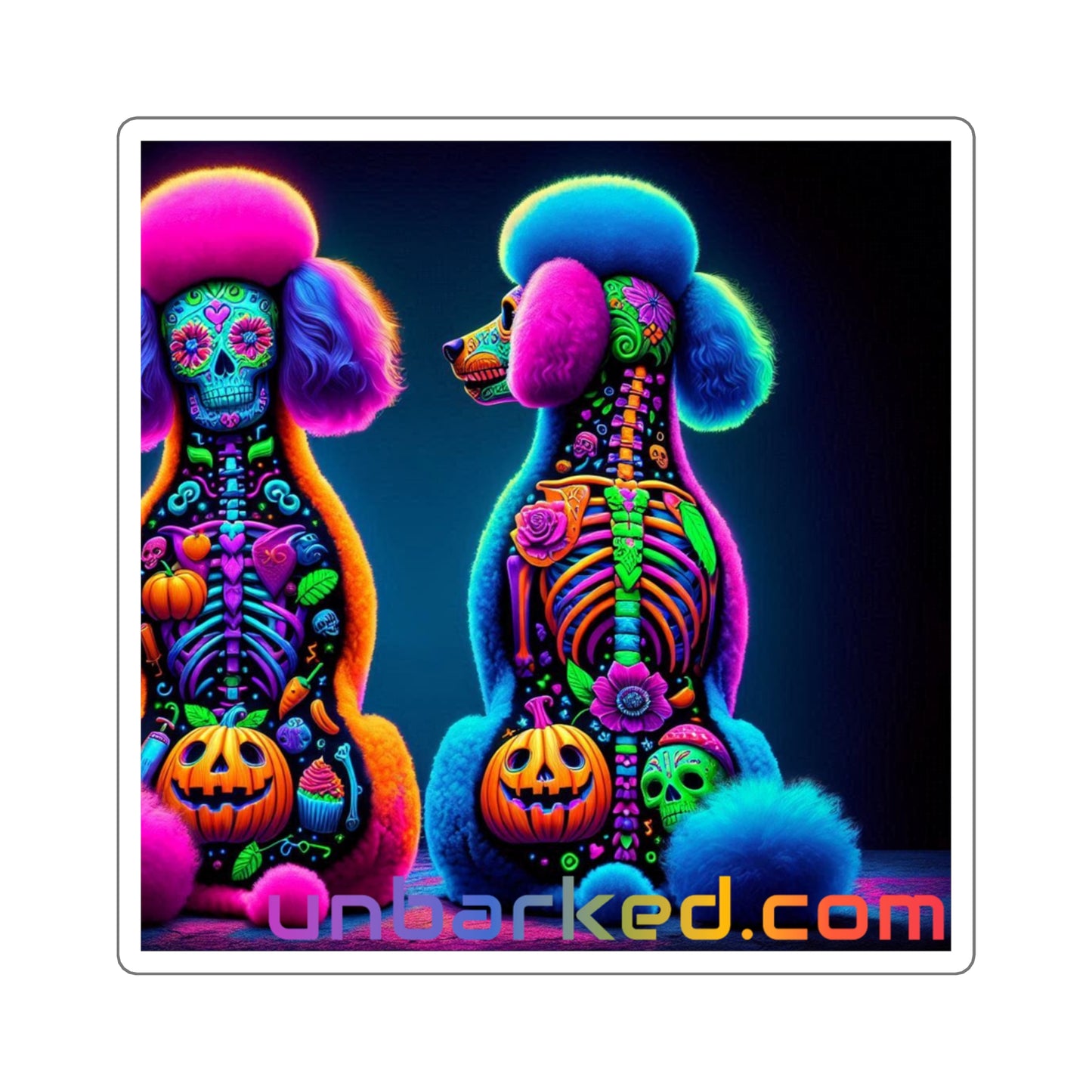 3x3" Square Sticker UNBARKED! Halloween Collection - Poodle Dog Vibrant Día de Muertos Tattoo
