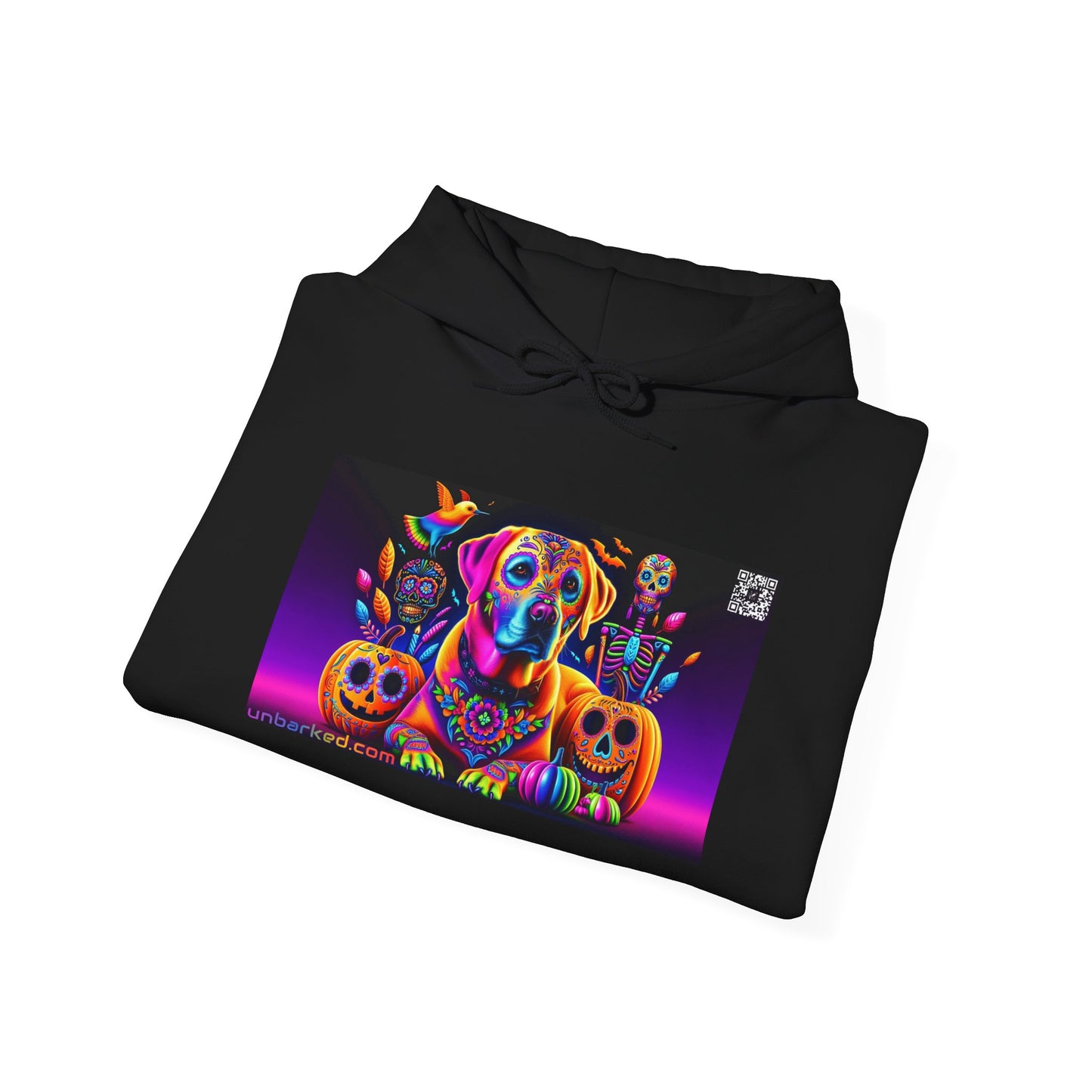 Unisex Heavy Blend™ Hooded Sweatshirt UNBARKED! Halloween Collection - Labrador Retreiver Dog Vibrant Día de Muertos Tattoo