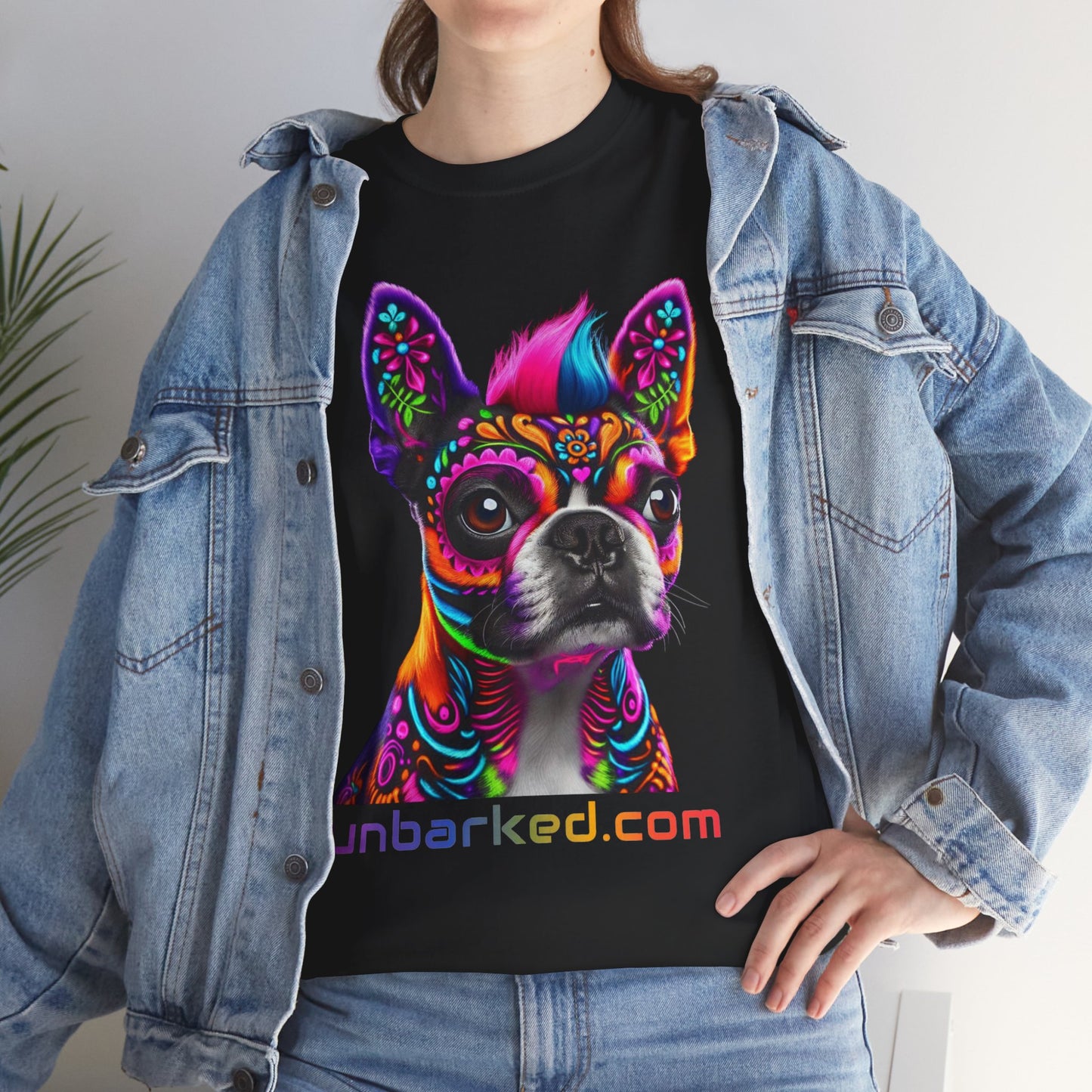 UNBARKED! Halloween Collection - Boston Terrier Dog Vibrant Día de Muertos Tattoo Unisex Heavy Cotton Tee