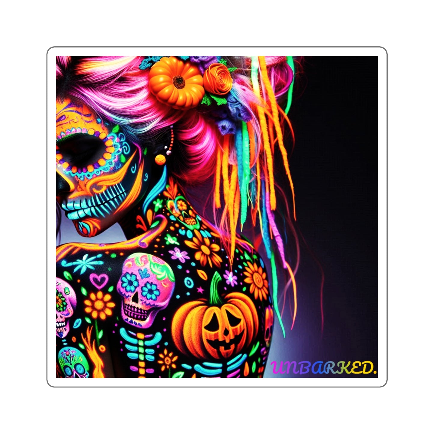 3x3" Square Sticker UNBARKED! Halloween Collection - Sexy Vibrant Día de Muertos Tattoo