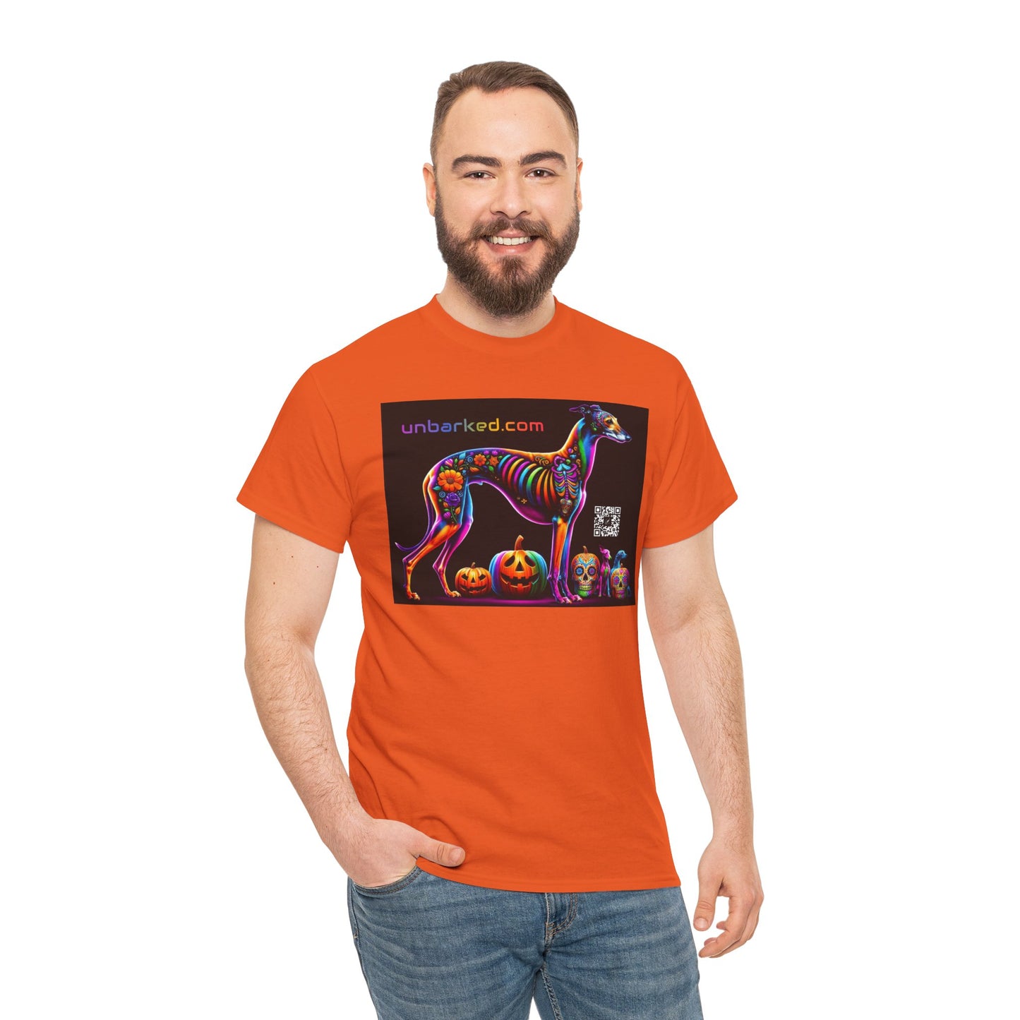 UNBARKED! Halloween Collection - Galgo Greyhound Dog Vibrant Día de Muertos Tattoo Unisex Heavy Cotton Tee