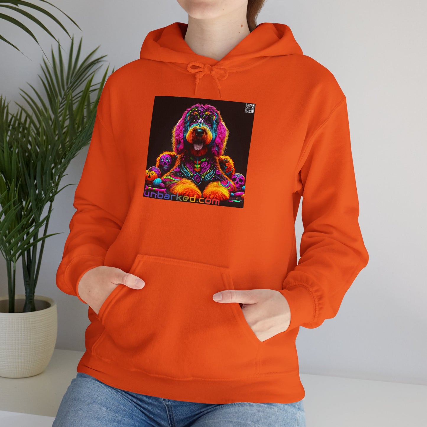 Unisex Heavy Blend™ Hooded Sweatshirt UNBARKED! Halloween Collection - Bernedoodle Vibrant Día de Muertos Tattoo