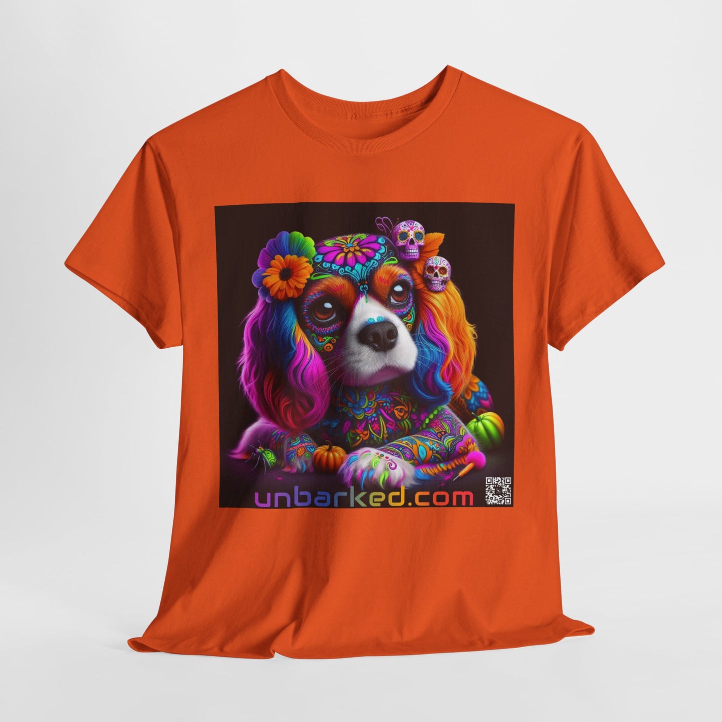 UNBARKED! Halloween Collection - Cavalier King Charles Spaniel Dog Vibrant Día de Muertos Tattoo Unisex Heavy Cotton Tee