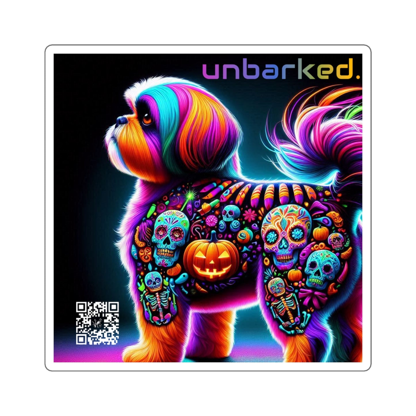 3x3" Square Sticker UNBARKED! Halloween Collection - Shihtzu Dog Vibrant Día de Muertos Tattoo