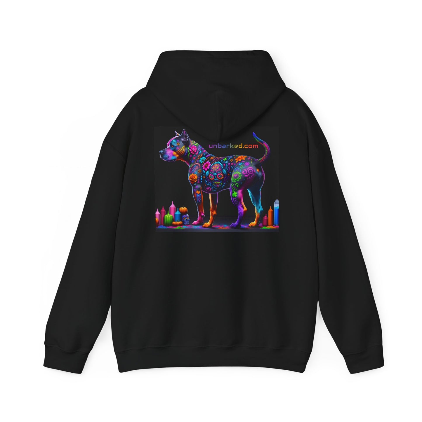 Hooded Sweatshirt UNBARKED! Halloween Collection - Pittie, Pitbull Dog Vibrant Día de Muertos Tattoo Hoodie Unisex Heavy Blend™