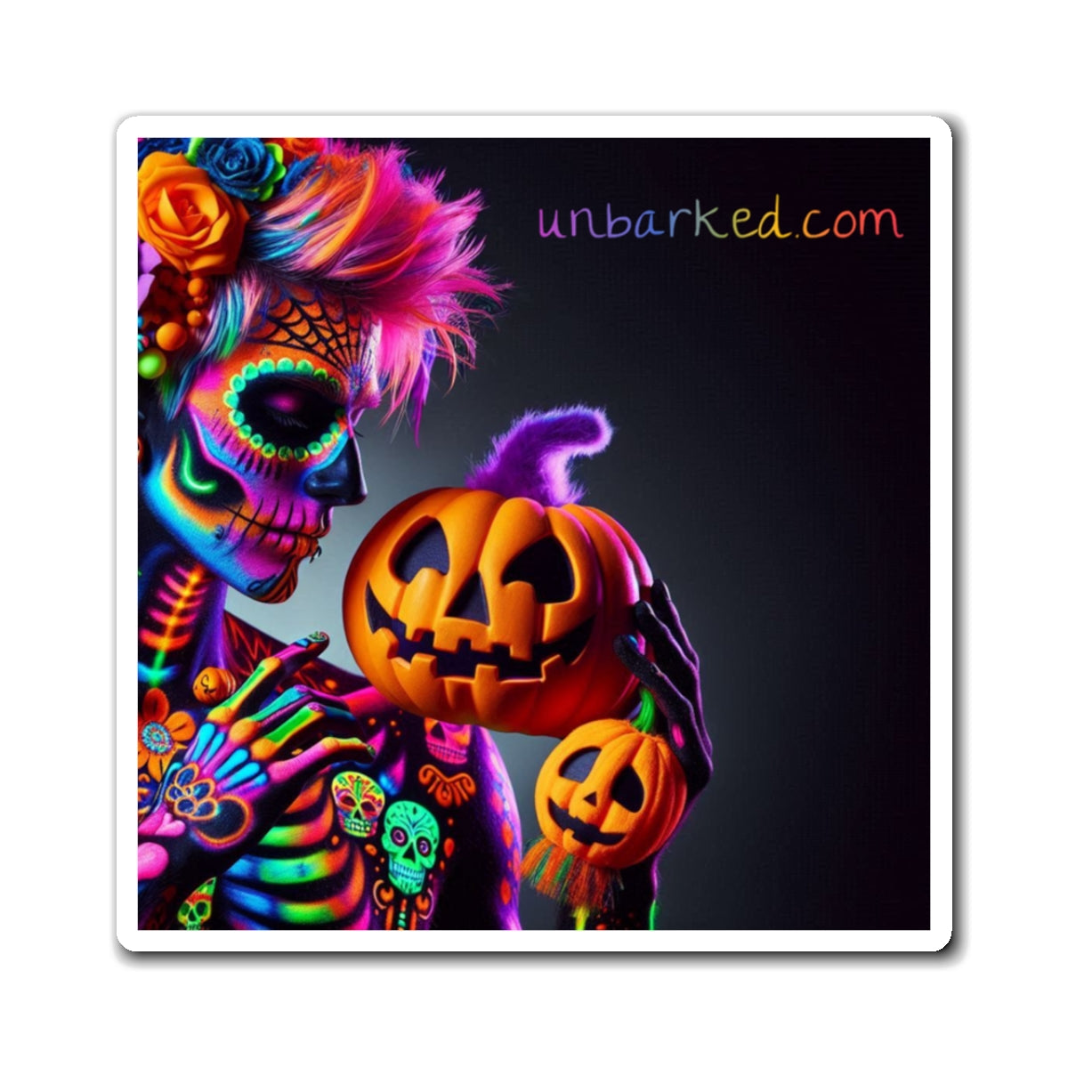 3" Square Magnet - UNBARKED! Halloween Collection - Sexy II Vibrant Día de Muertos Tattoo