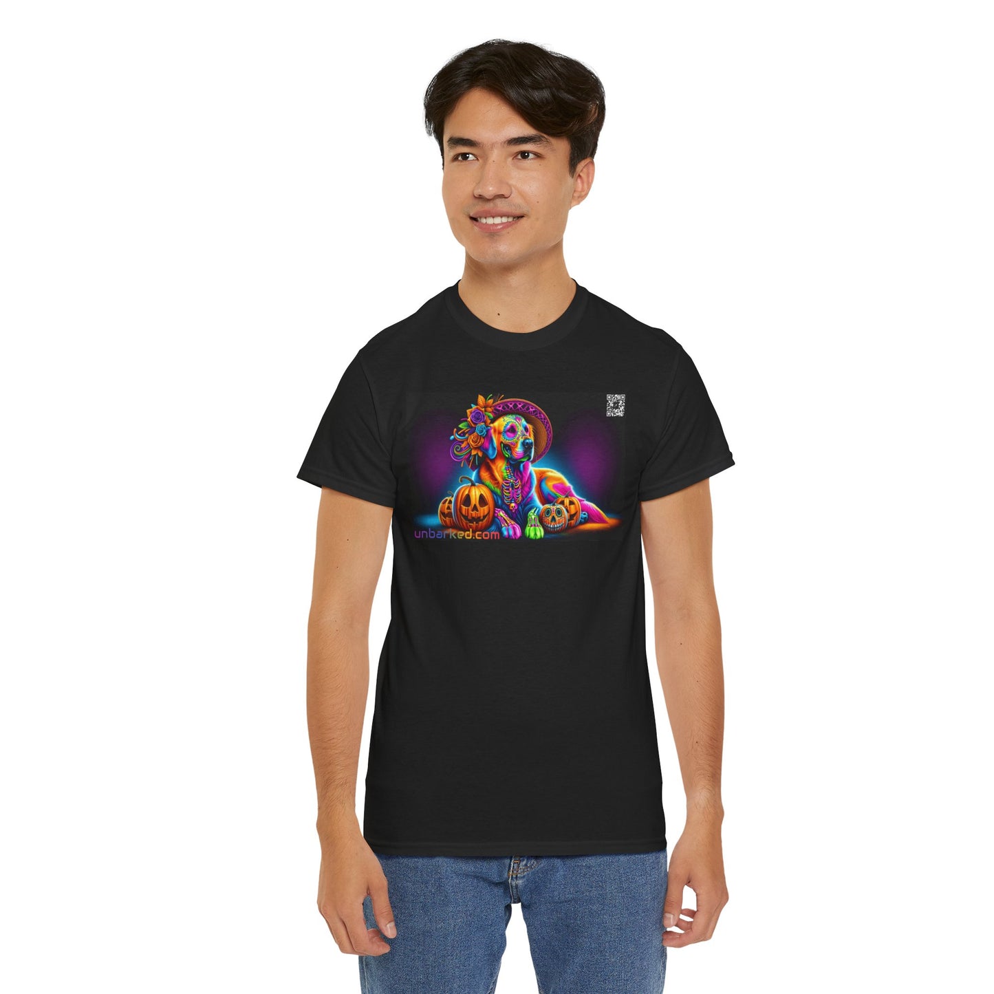 UNBARKED! Halloween Collection - Golden Retreiver Dog Vibrant Día de Muertos Tattoo Unisex Heavy Cotton Tee