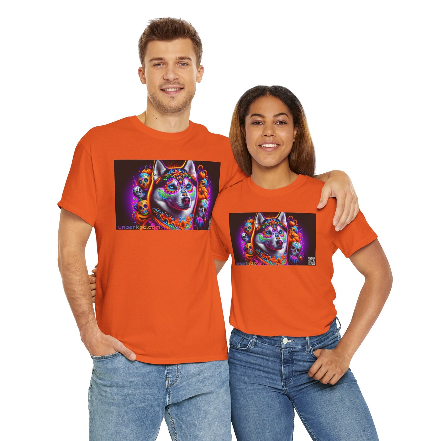 UNBARKED! Halloween Collection - Husky/ Alaskan Malamute Dog Vibrant Día de Muertos Tattoo Unisex Heavy Cotton Tee