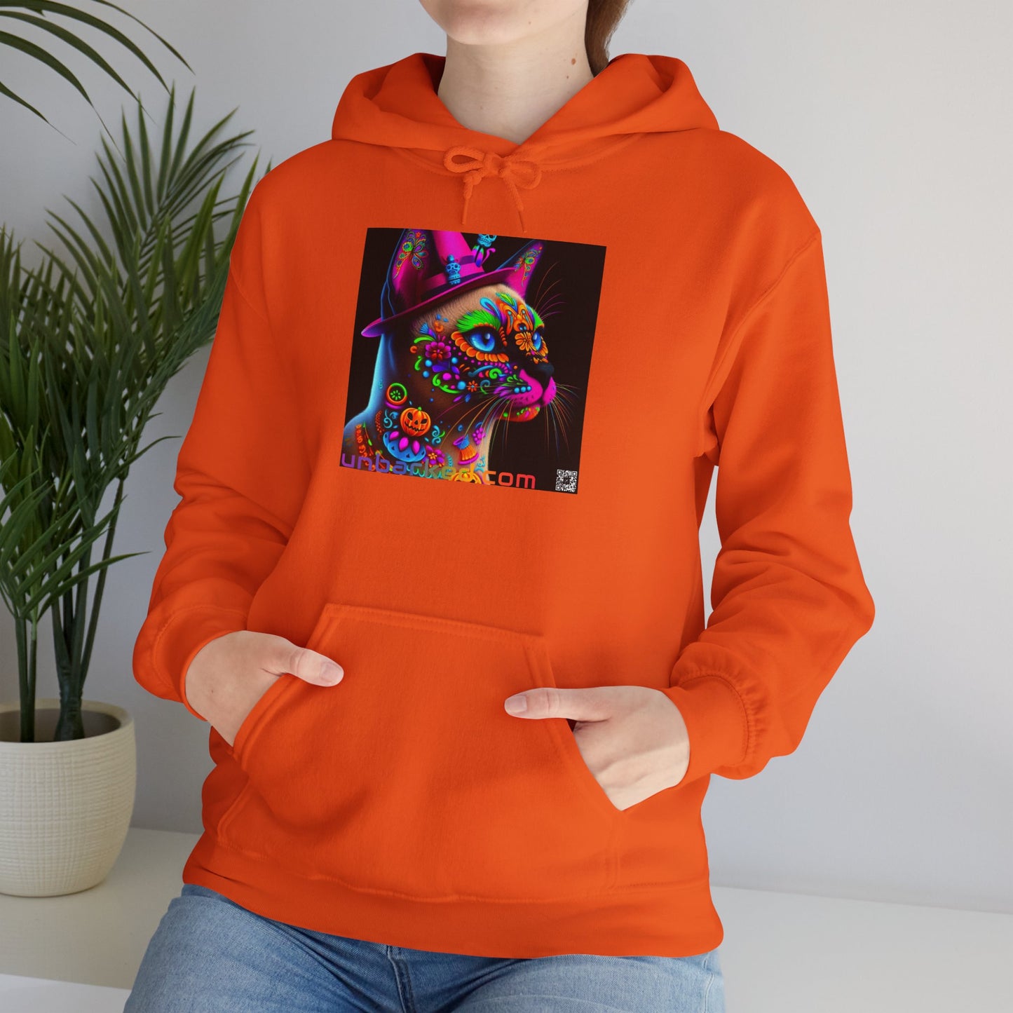 Unisex Heavy Blend™ Hooded Sweatshirt UNBARKED! Halloween Collection - Siamese Cat Vibrant Día de Muertos Tattoo