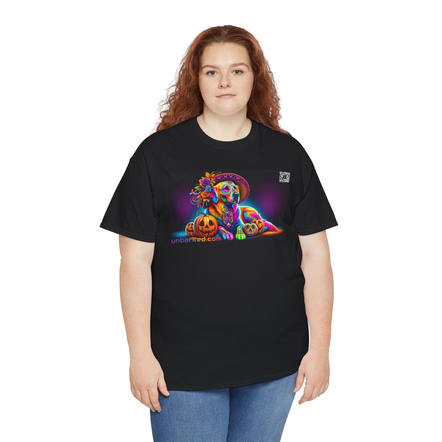 UNBARKED! Halloween Collection - Golden Retreiver Dog Vibrant Día de Muertos Tattoo Unisex Heavy Cotton Tee