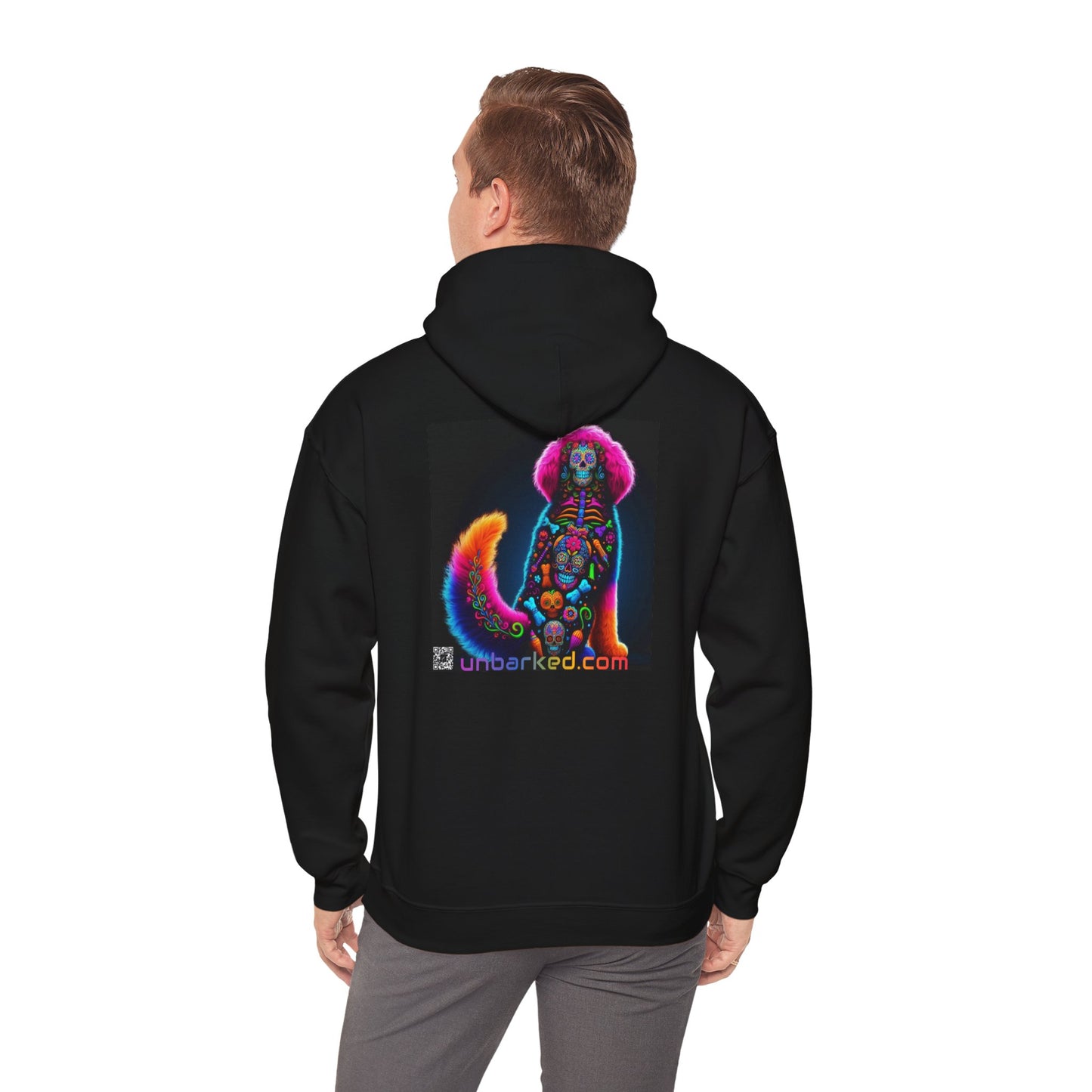 Unisex Heavy Blend™ Hooded Sweatshirt UNBARKED! Halloween Collection - Bernedoodle Vibrant Día de Muertos Tattoo