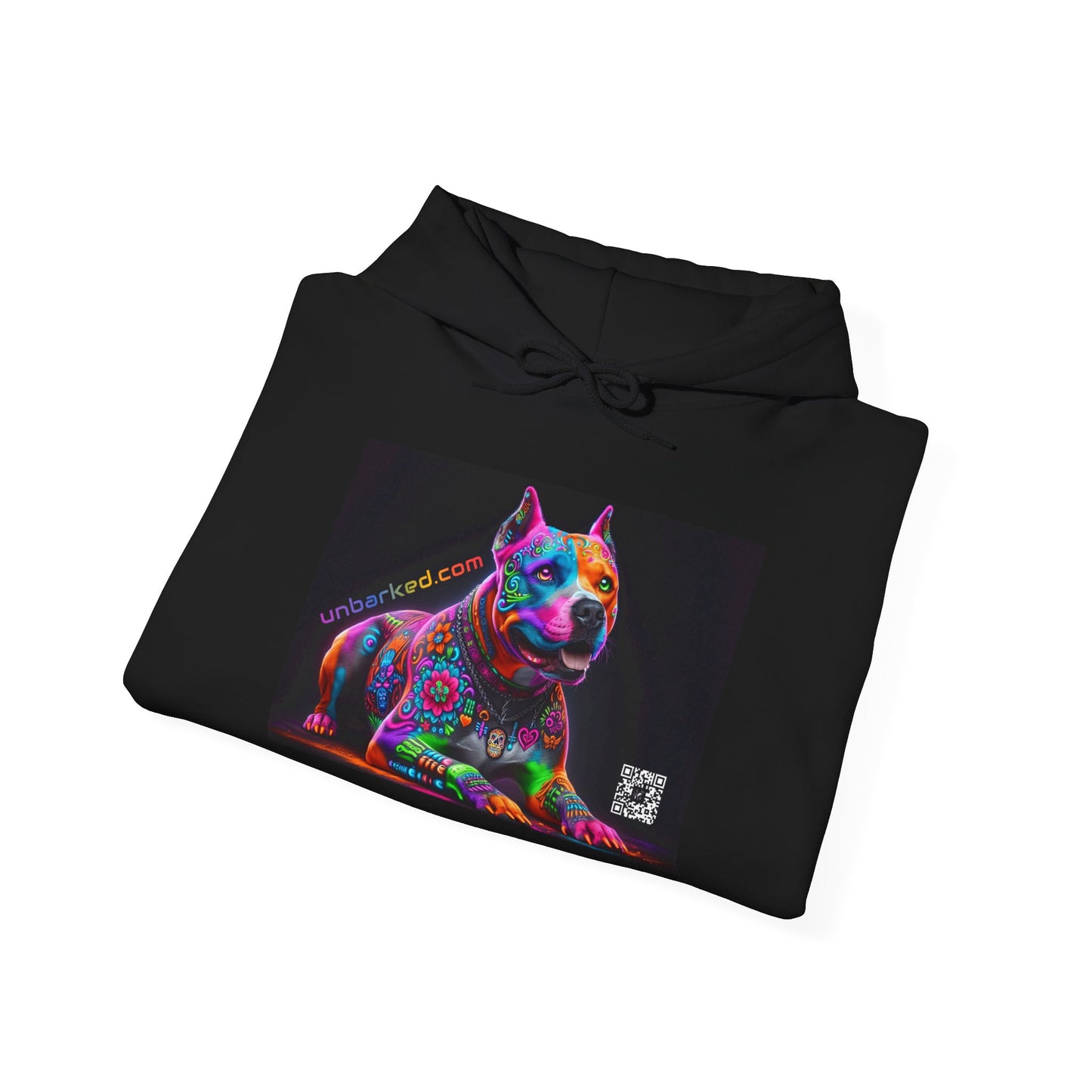 Hooded Sweatshirt UNBARKED! Halloween Collection - Pittie, Pitbull Dog Vibrant Día de Muertos Tattoo Hoodie Unisex Heavy Blend™