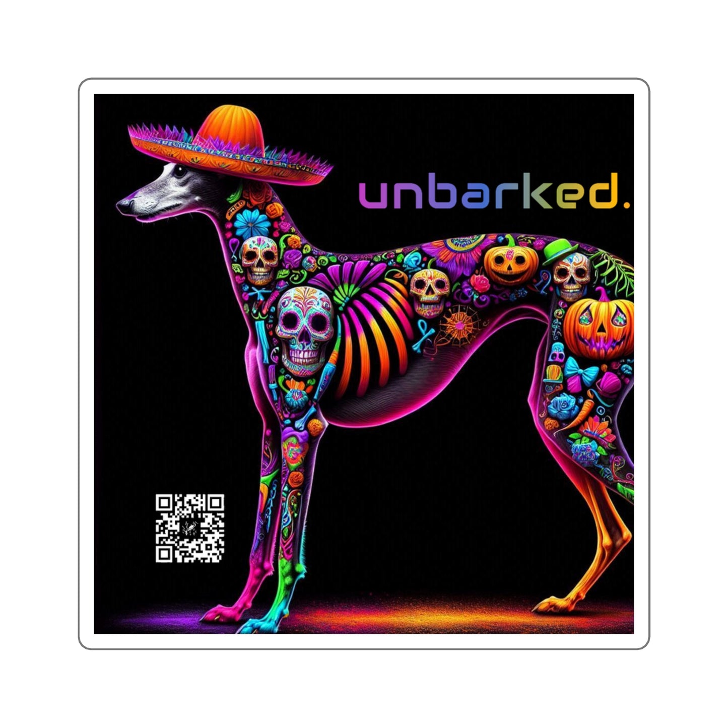 3x3" Square Sticker UNBARKED! Halloween Collection - Galgo Greyhound Dog Vibrant Día de Muertos Tattoo
