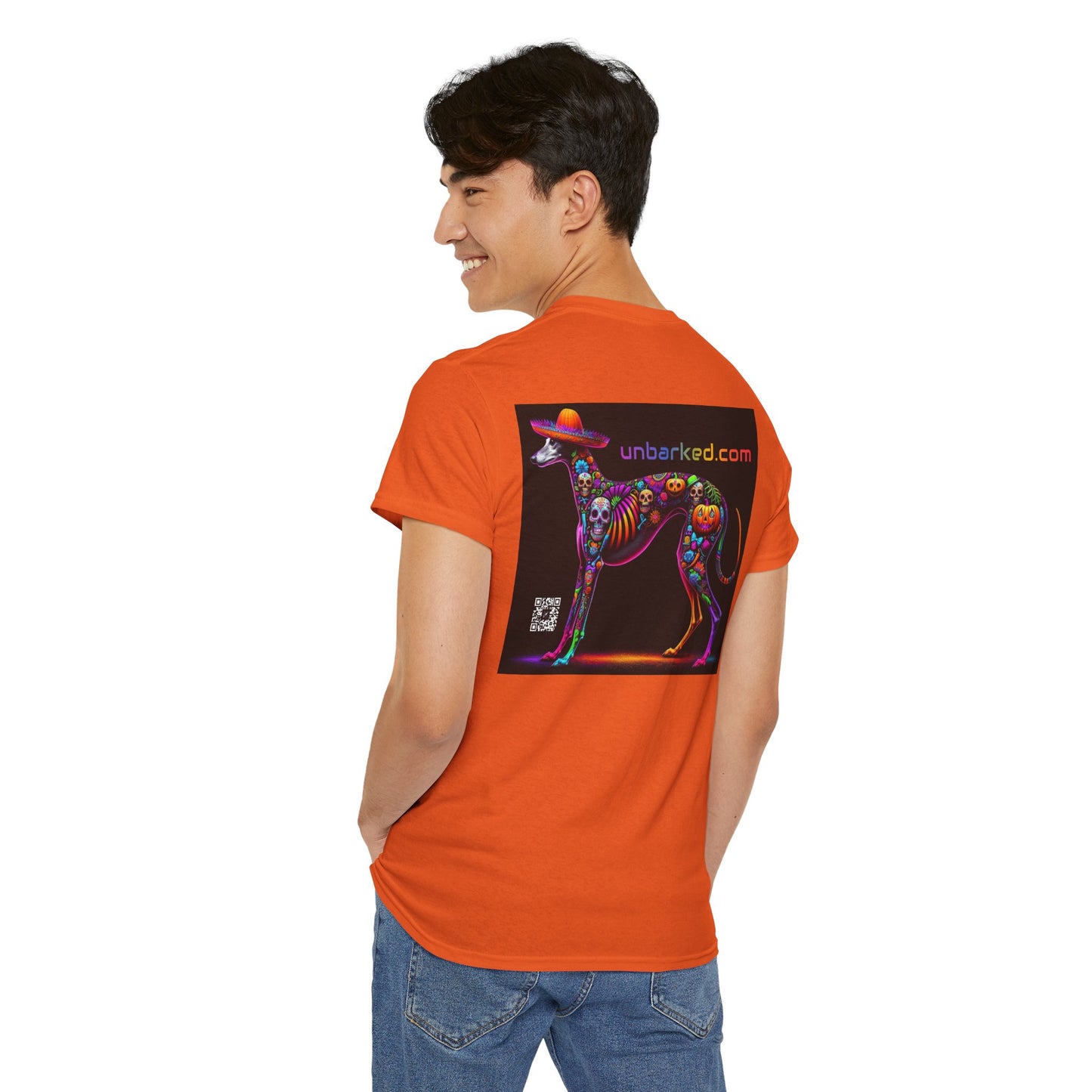 UNBARKED! Halloween Collection - Galgo Greyhound Dog Vibrant Día de Muertos Tattoo Unisex Heavy Cotton Tee