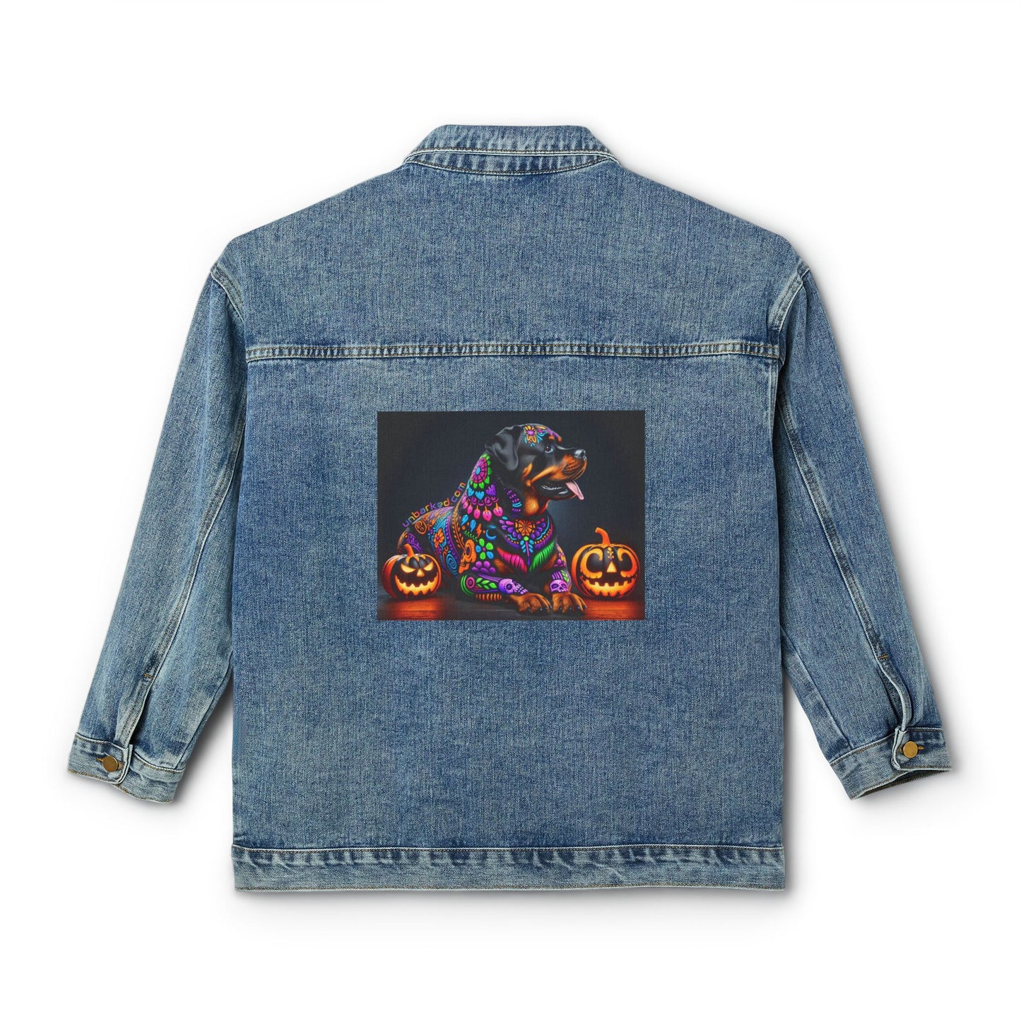 UNBARKED! Halloween Collective Women's Denim Jacket Rottweiler Dog Throw Bak!