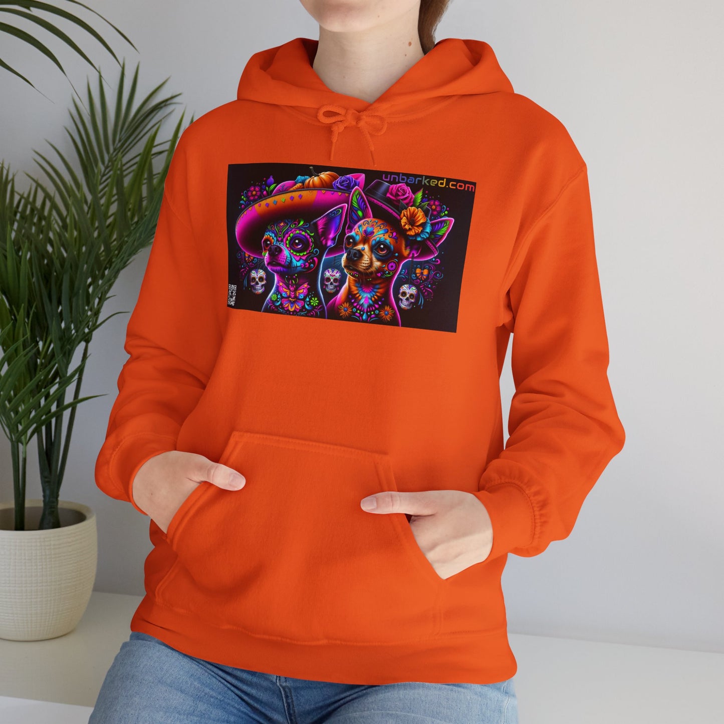 Unisex Heavy Blend™ Hooded Sweatshirt UNBARKED! Halloween Collection - Chihuahua Vibrant Día de Muertos Tattoo