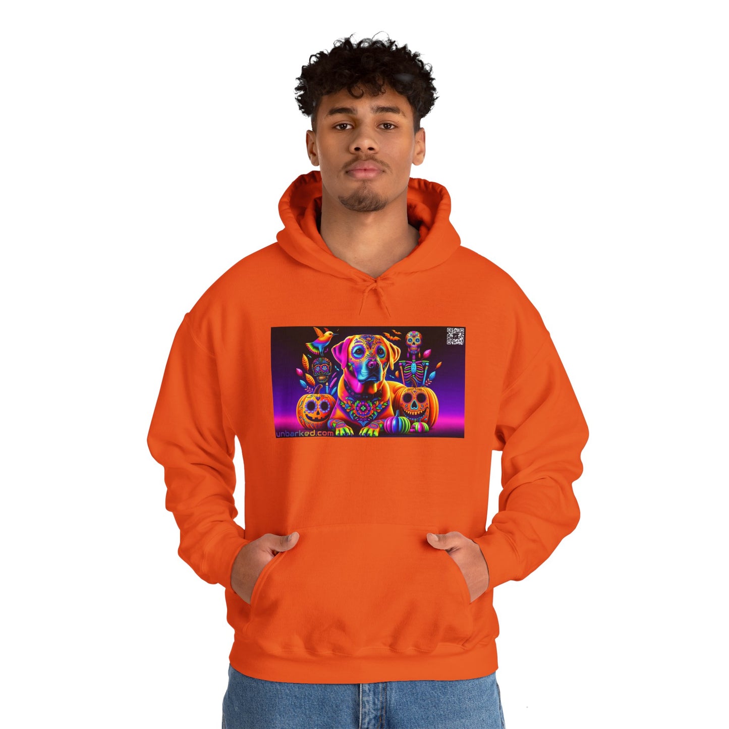 Unisex Heavy Blend™ Hooded Sweatshirt UNBARKED! Halloween Collection - Labrador Retreiver Dog Vibrant Día de Muertos Tattoo