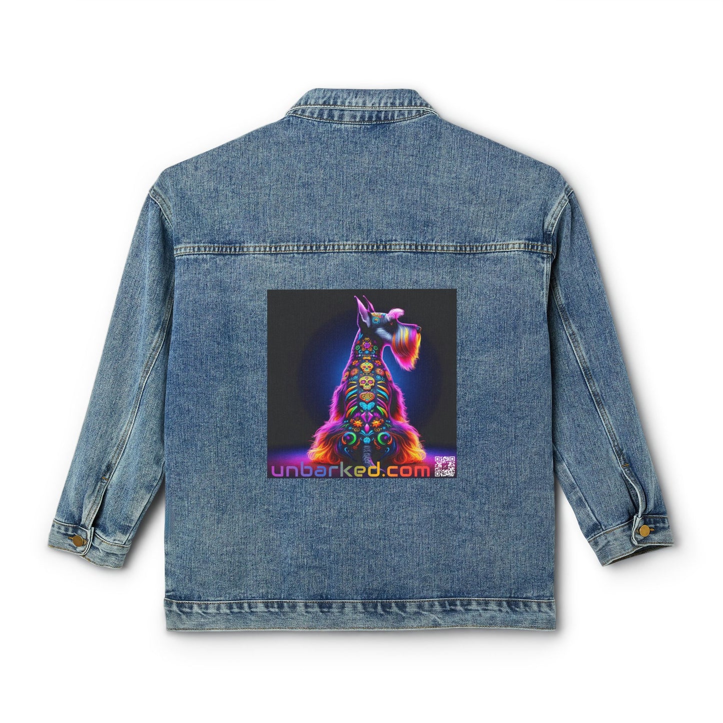 UNBARKED Halloween Collection Schnauzer Dog Denim Jacket Throw Bak