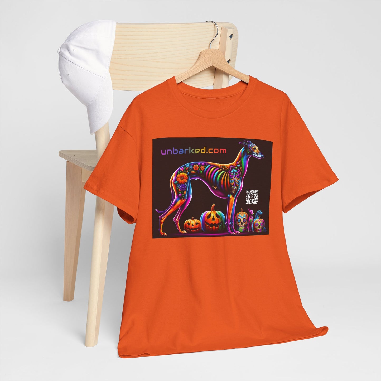 UNBARKED! Halloween Collection - Galgo Greyhound Dog Vibrant Día de Muertos Tattoo Unisex Heavy Cotton Tee