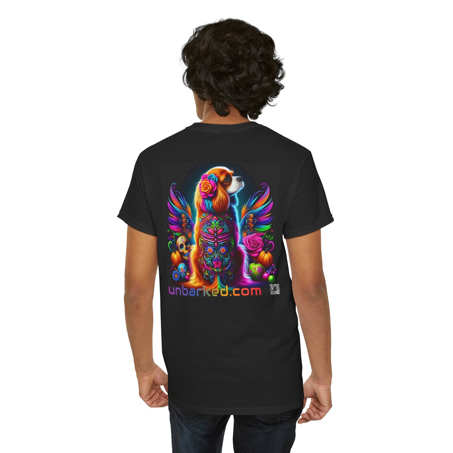 UNBARKED! Halloween Collection - Cavalier King Charles Spaniel Dog Vibrant Día de Muertos Tattoo Unisex Heavy Cotton Tee