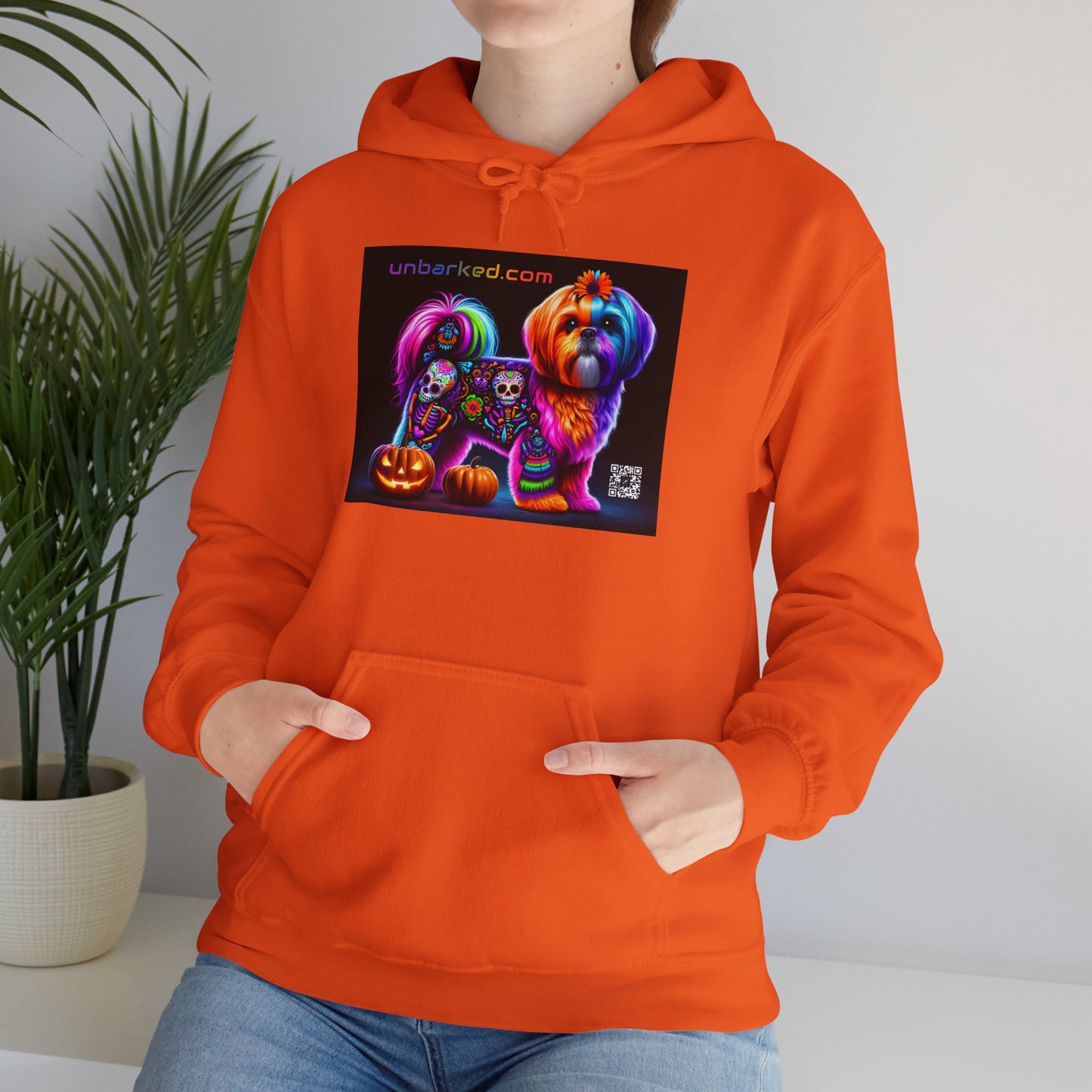 Unisex Heavy Blend™ Hooded Sweatshirt UNBARKED! Halloween Collection - Shih Tzu Dog Vibrant Día de Muertos Tattoo