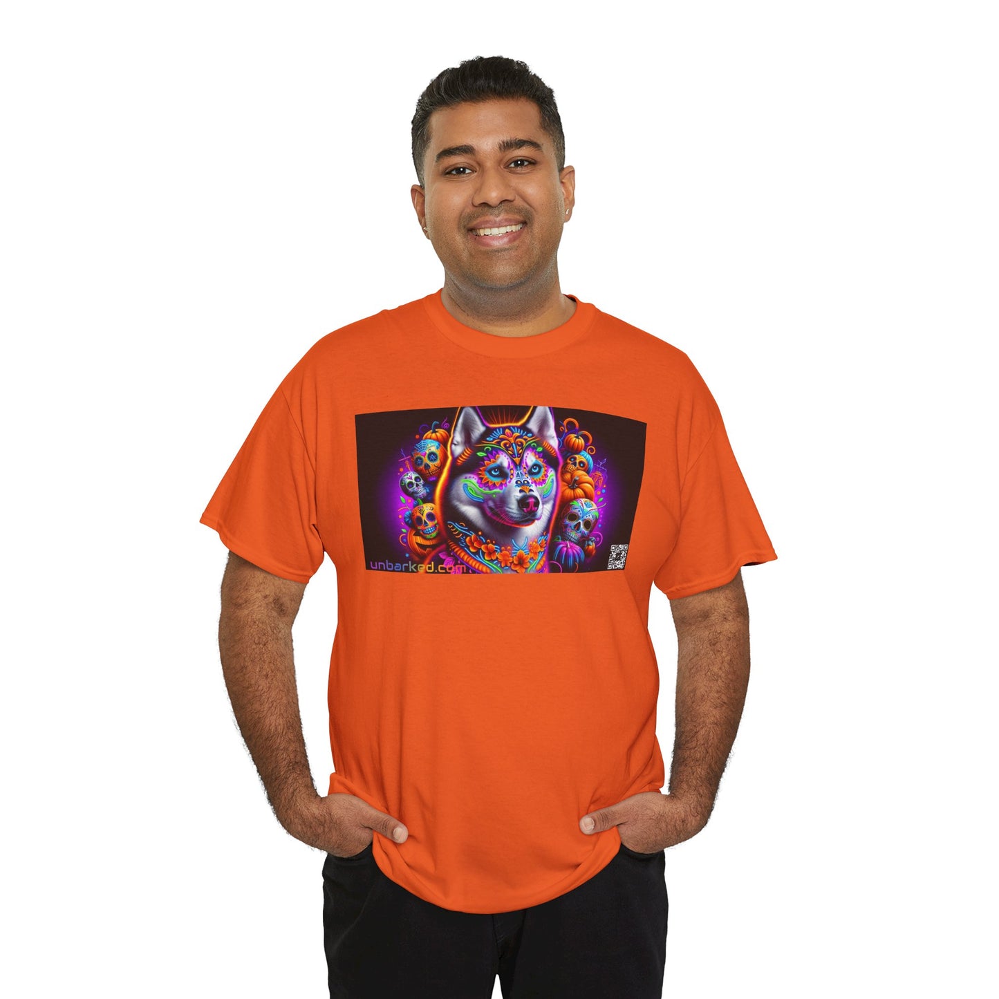 UNBARKED! Halloween Collection - Husky/ Alaskan Malamute Dog Vibrant Día de Muertos Tattoo Unisex Heavy Cotton Tee
