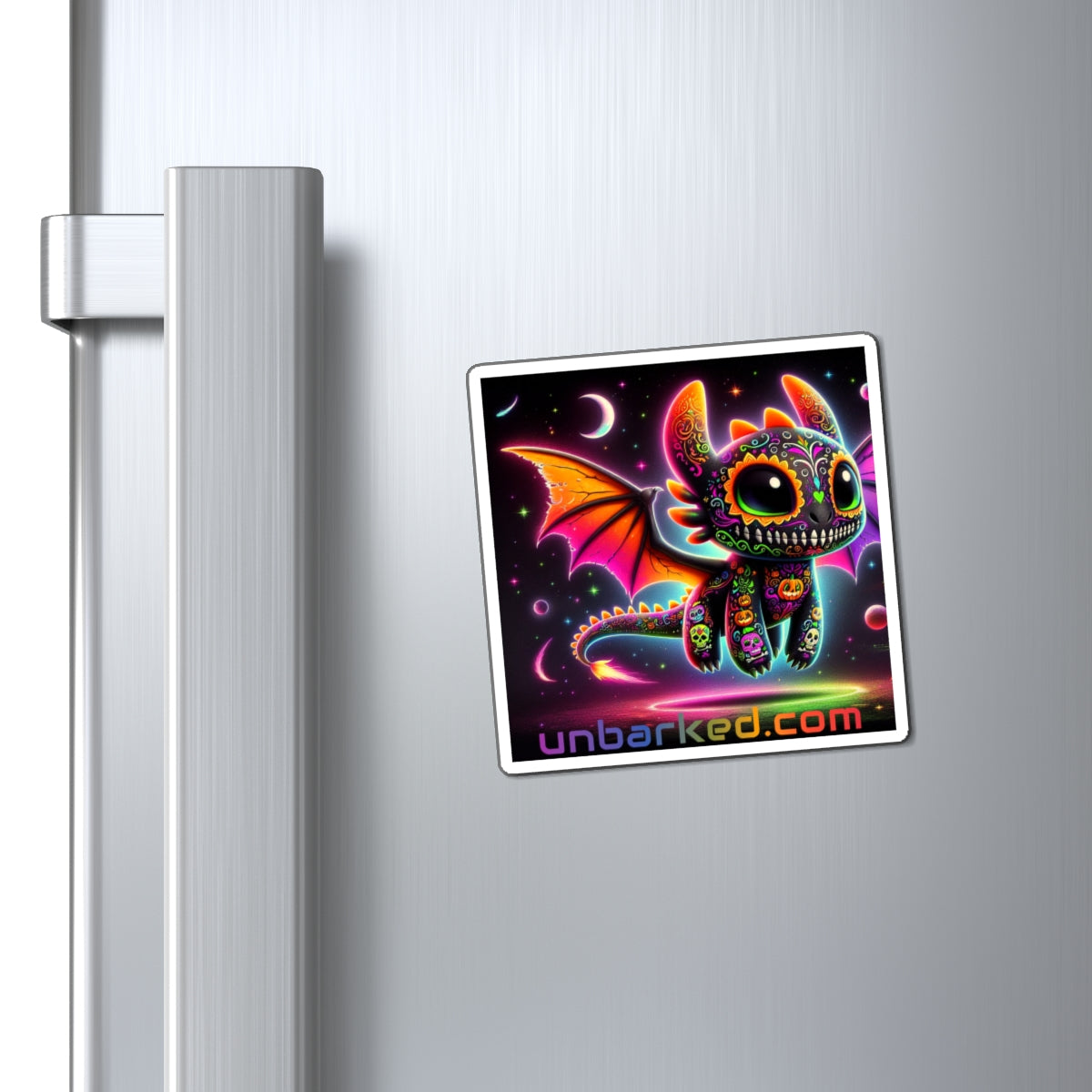 3" Square Magnet - UNBARKED! Halloween Collection - Dragon Vibrant Día de Muertos Tattoo