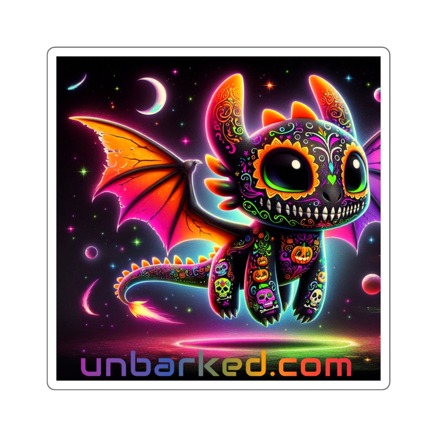 3x3" Square Sticker UNBARKED! Halloween Collection - Dragon Vibrant Día de Muertos Tattoo