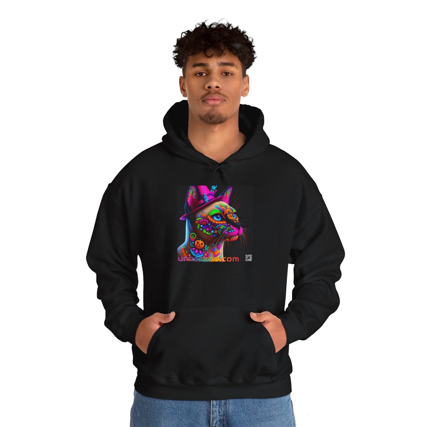 Unisex Heavy Blend™ Hooded Sweatshirt UNBARKED! Halloween Collection - Siamese Cat Vibrant Día de Muertos Tattoo