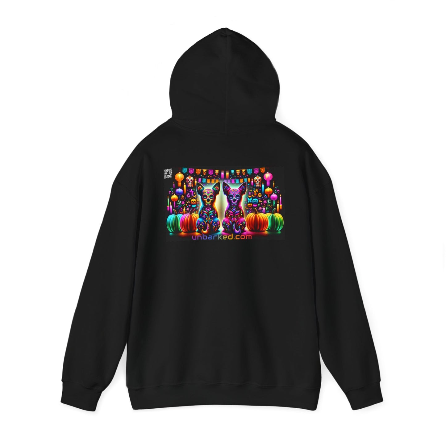 Unisex Heavy Blend™ Hooded Sweatshirt UNBARKED! Halloween Collection - Chihuahua Vibrant Día de Muertos Tattoo