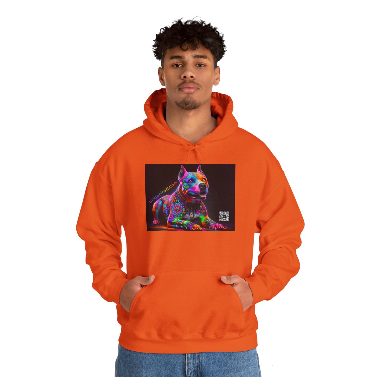Hooded Sweatshirt UNBARKED! Halloween Collection - Pittie, Pitbull Dog Vibrant Día de Muertos Tattoo Hoodie Unisex Heavy Blend™