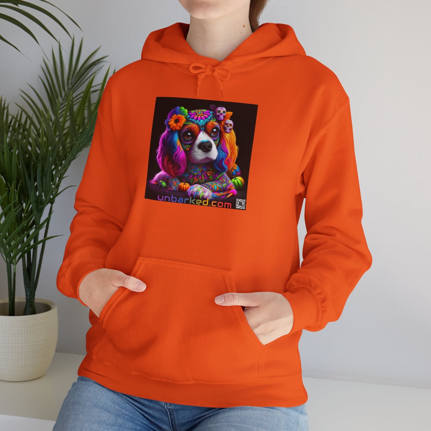 Unisex Heavy Blend™ Hooded Sweatshirt UNBARKED! Halloween Collection - Cavalier King Charles Spaniel Dog Vibrant Día de Muertos Tattoo