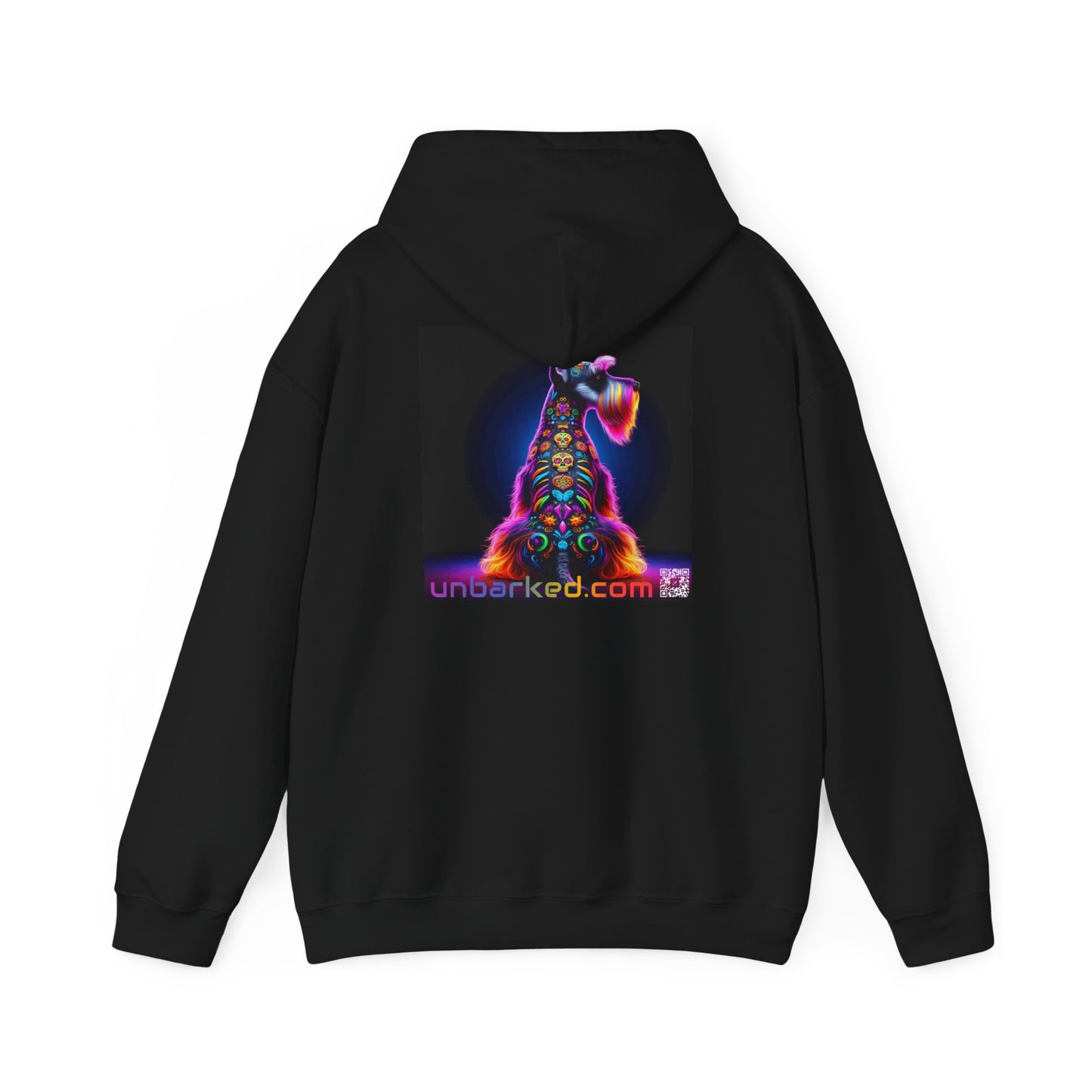 Unisex Heavy Blend™ Hooded Sweatshirt UNBARKED! Halloween Collection - Schnauzer Dog Vibrant Día de Muertos Tattoo