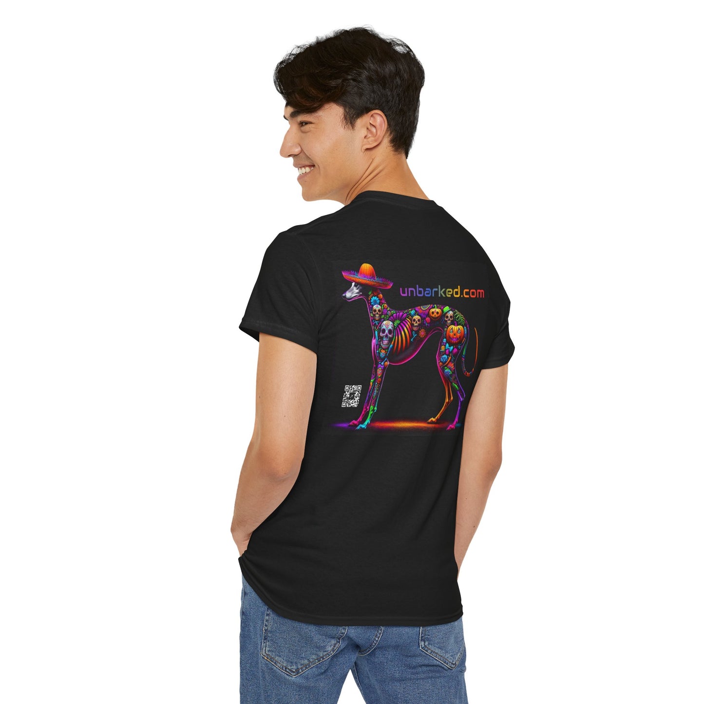 UNBARKED! Halloween Collection - Galgo Greyhound Dog Vibrant Día de Muertos Tattoo Unisex Heavy Cotton Tee