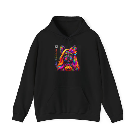 Unisex Heavy Blend™ Hooded Sweatshirt UNBARKED! Halloween Collection - Frenchie Dog Vibrant Día de Muertos Tattoo