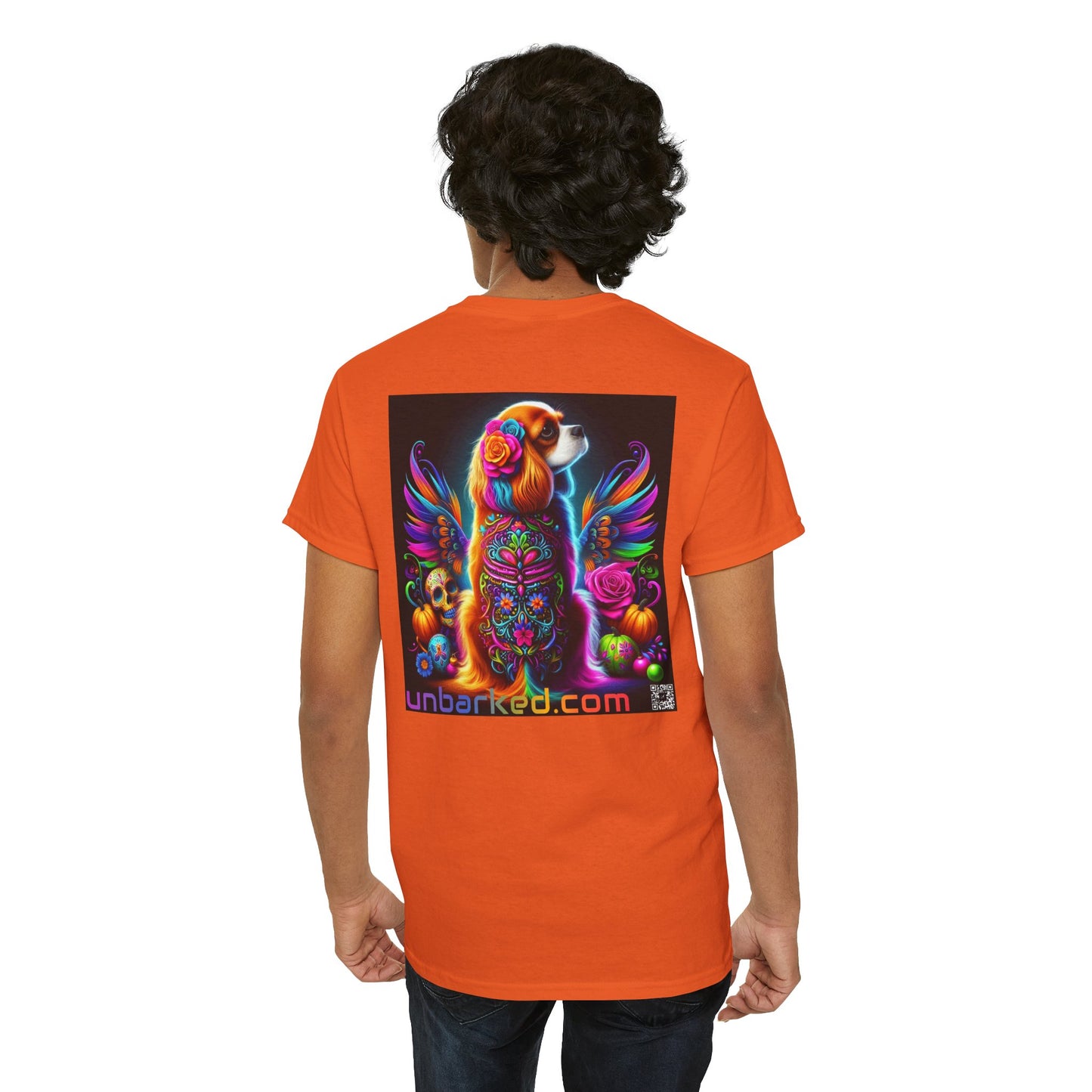 UNBARKED! Halloween Collection - Cavalier King Charles Spaniel Dog Vibrant Día de Muertos Tattoo Unisex Heavy Cotton Tee