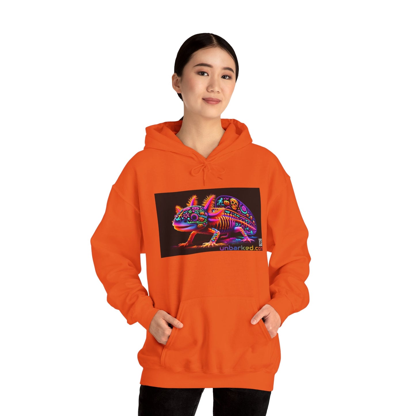 Unisex Heavy Blend™ Hooded Sweatshirt UNBARKED! Halloween Collection - Axolotl Vibrant Día de Muertos Tattoo