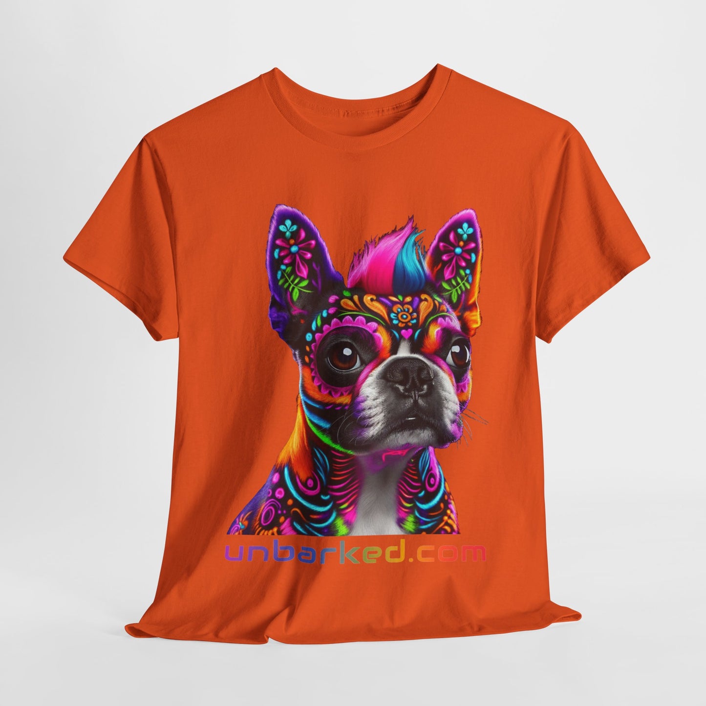 UNBARKED! Halloween Collection - Boston Terrier Dog Vibrant Día de Muertos Tattoo Unisex Heavy Cotton Tee
