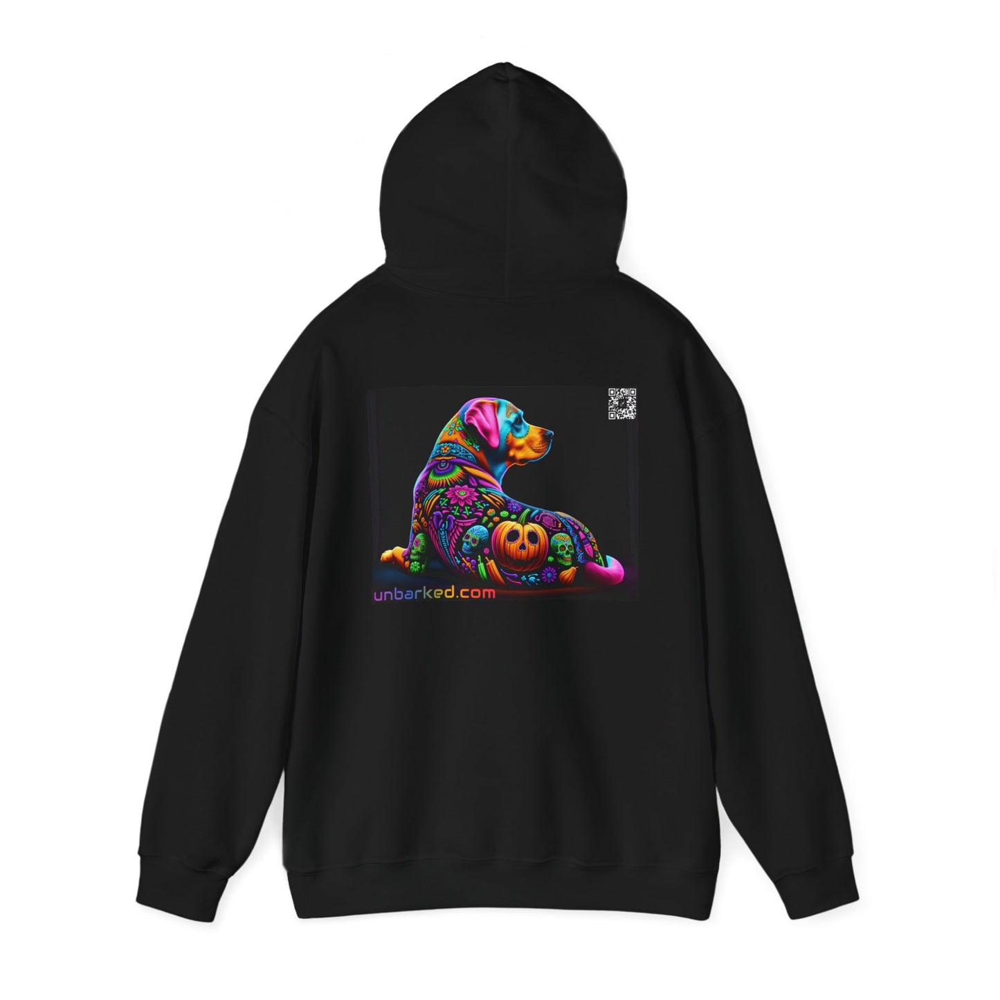 Unisex Heavy Blend™ Hooded Sweatshirt UNBARKED! Halloween Collection - Labrador Retreiver Dog Vibrant Día de Muertos Tattoo