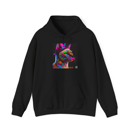 Unisex Heavy Blend™ Hooded Sweatshirt UNBARKED! Halloween Collection - Siamese Cat Vibrant Día de Muertos Tattoo