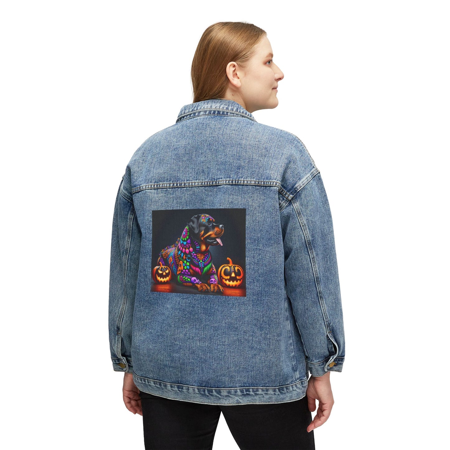 UNBARKED! Halloween Collective Women's Denim Jacket Rottweiler Dog Throw Bak!