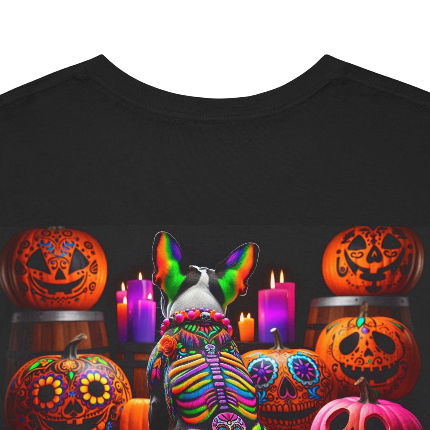 UNBARKED! Halloween Collection - Boston Terrier Dog Vibrant Día de Muertos Tattoo Unisex Heavy Cotton Tee