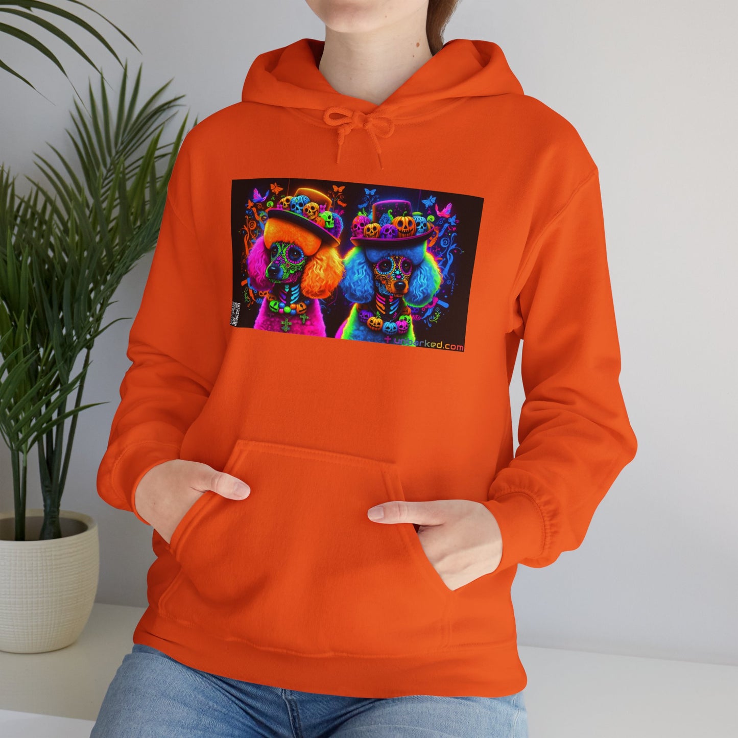 Unisex Heavy Blend™ Hooded Sweatshirt UNBARKED! Halloween Collection - Poodle Dog Vibrant Día de Muertos Tattoo