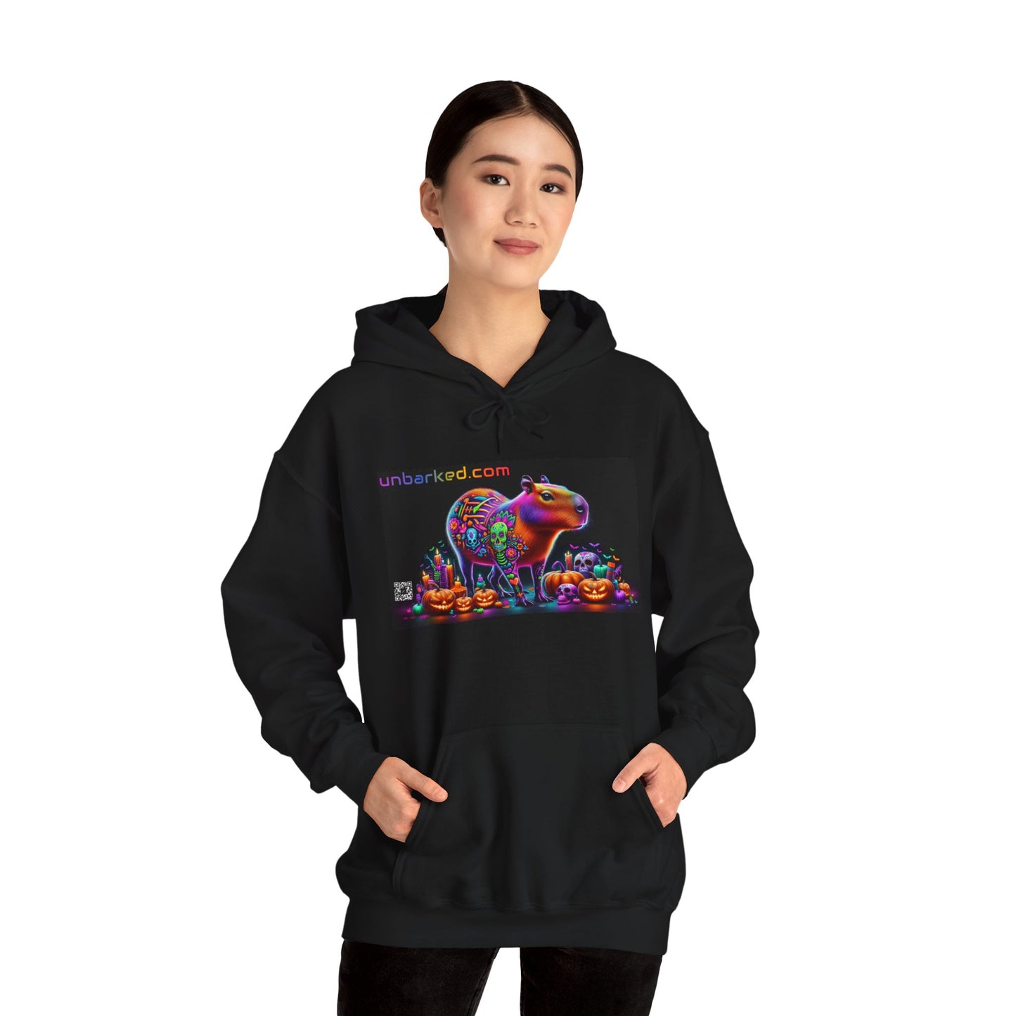 Unisex Heavy Blend™ Hooded Sweatshirt UNBARKED! Halloween Collection - Cappybara Vibrant Día de Muertos Tattoo